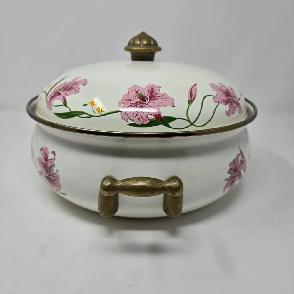 Vintage Normandy Taiwan Lily Floral Enamelware Casserole Dish With Lid & Brass H